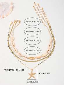 4pcs Fashionable Beach Vacation Inspired Sweet Metal Shell And Glass Beaded Starfish Pendant Layered Women's Necklace, Suitable For Holiday Parties, Street Casual, And Everyday Look