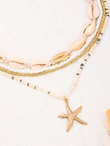 4pcs Fashionable Beach Vacation Inspired Sweet Metal Shell And Glass Beaded Starfish Pendant Layered Women's Necklace, Suitable For Holiday Parties, Street Casual, And Everyday Look