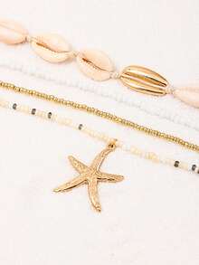 4pcs Fashionable Beach Vacation Inspired Sweet Metal Shell And Glass Beaded Starfish Pendant Layered Women's Necklace, Suitable For Holiday Parties, Street Casual, And Everyday Look
