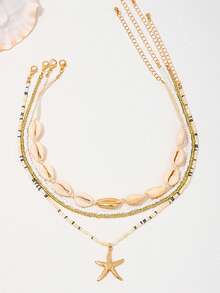 4pcs Fashionable Beach Vacation Inspired Sweet Metal Shell And Glass Beaded Starfish Pendant Layered Women's Necklace, Suitable For Holiday Parties, Street Casual, And Everyday Look