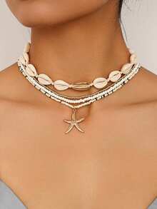 4pcs Fashionable Beach Vacation Inspired Sweet Metal Shell And Glass Beaded Starfish Pendant Layered Women's Necklace, Suitable For Holiday Parties, Street Casual, And Everyday Look