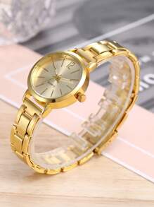 Girl's Stainless Steel Strap Fashionable Quartz Watch With Simple Dial + Jewelry Set (6pcs) - Gold - View 4