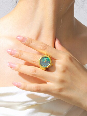 Reloj anillo de cuarzo elegante con numerales romanos y dial verde - joyería de moda ajustable para mujeres, perfecto para uso diario y regalos