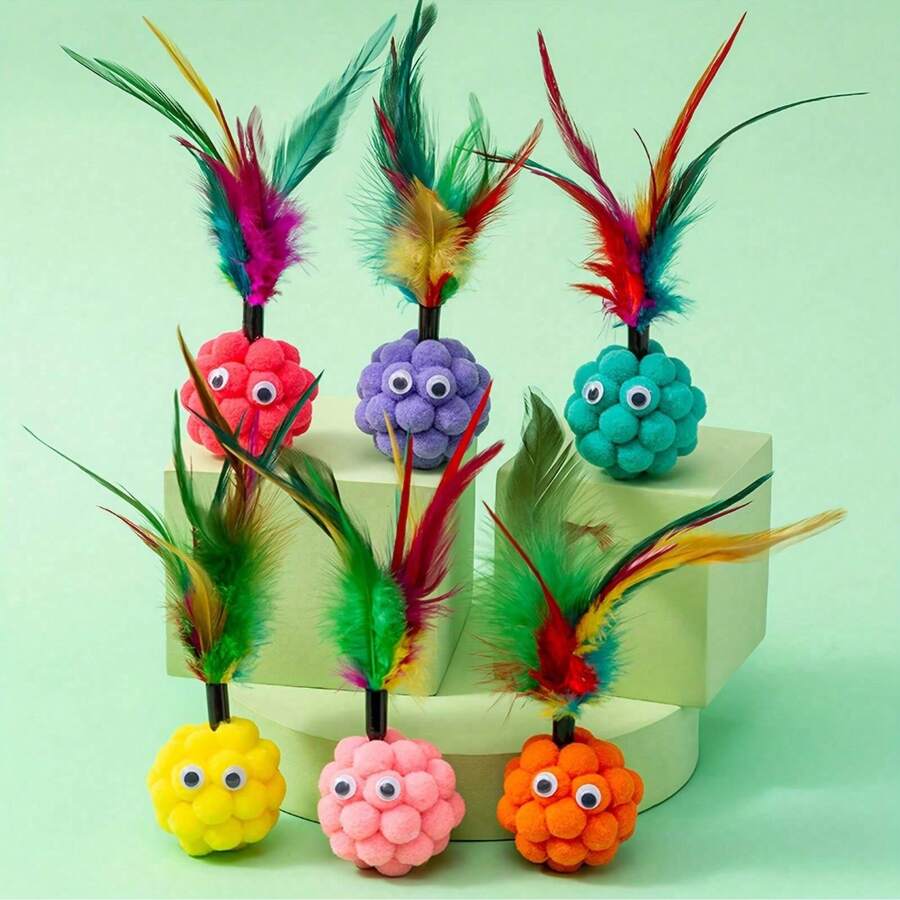 Random Color Cat Toy Set With Sound, Bell, Feather, Plush Ball, Interactive Cat Wand, Cat Supplies - Multicolor - View 1