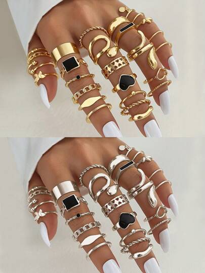 Set di 27 anelli in lega squisiti per l'estate, a forma di cuore, farfalla, a forma di foglia, anelli spessi, ideali per l'uso quotidiano, appuntamenti, feste, regali di compleanno per le donne