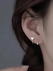 925純銀細緻的心形、星形和珠子造型女士耳釘，優雅時尚的日常佩戴及禮品飾品 - 銀色 - 查看 5