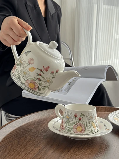 1pc Or 2pcs Royal Style Floral Ceramic Coffee Cup And Saucer Set, Flower Arrangement Teapot Set, Vintage Style, Suitable For Home Use, Restaurant Afternoon Tea Time, Teapot, Tea Cup And Snack Plate