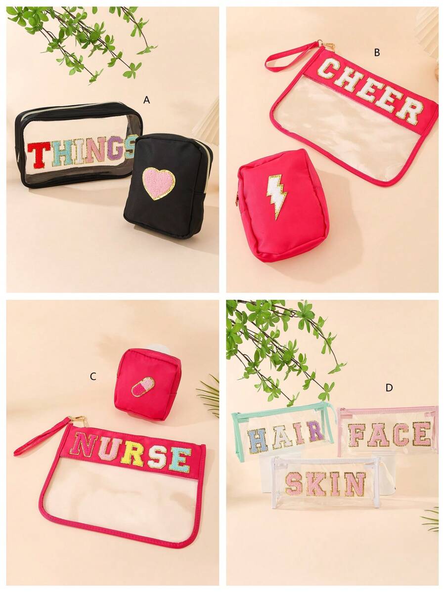 1个女士字母图案透明PVC化妆包，可收纳口红、化妆品及小配件，可重复使用且防水，适合旅行、宿舍、居家使用，也可作为房间装饰包使用。其他用途包括：化妆包、梳妆台、旅行、化妆包、旅行必备、收纳、储物、旅行必备、化妆品收纳包、化妆包、化妆品收纳包、收纳包、洗漱包、桌面收纳、化妆包收纳、旅行、化妆袋、化妆包、化妆袋、旅行必备、化妆配件、小化妆包、化妆袋、化妆品包、旅行必备、大容量、大号化妆包、圣诞礼物、化妆包、旅行、送给女性的旅行必备礼物、化妆包、手拿包/小手提包、化妆品收纳、化妆品整理、化妆刷收纳包。收纳包、迷你收纳袋、大容量收纳袋、女士礼物、圣诞礼物、女士礼物创意 - 彩色 - 查看 1