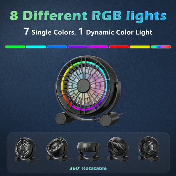 1 szt. Przewód zasilający USB, wentylator biurkowy RGB – 3 prędkości, cichy, przenośny wentylator stołowy, 8 kolorowych diod LED, obrót o 360°, mały wentylator do domu, biura, sypialni, biurka