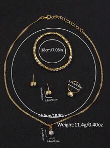 Girl's Stainless Steel Strap Fashionable Quartz Watch With Simple Dial + Jewelry Set (6pcs) - Gold - View 5