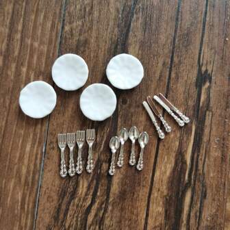 16pcs Miniature Kitchen Utensil Decoration Model Set, Including Mini Plates And Western Cutlery Best