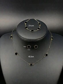 套装包含：1对耳环+1条项链+1条手链，时尚首饰套装，幸运花设计，多种颜色可选，适合日常佩戴，情人节礼物 - 黑色4pcs - 查看 3