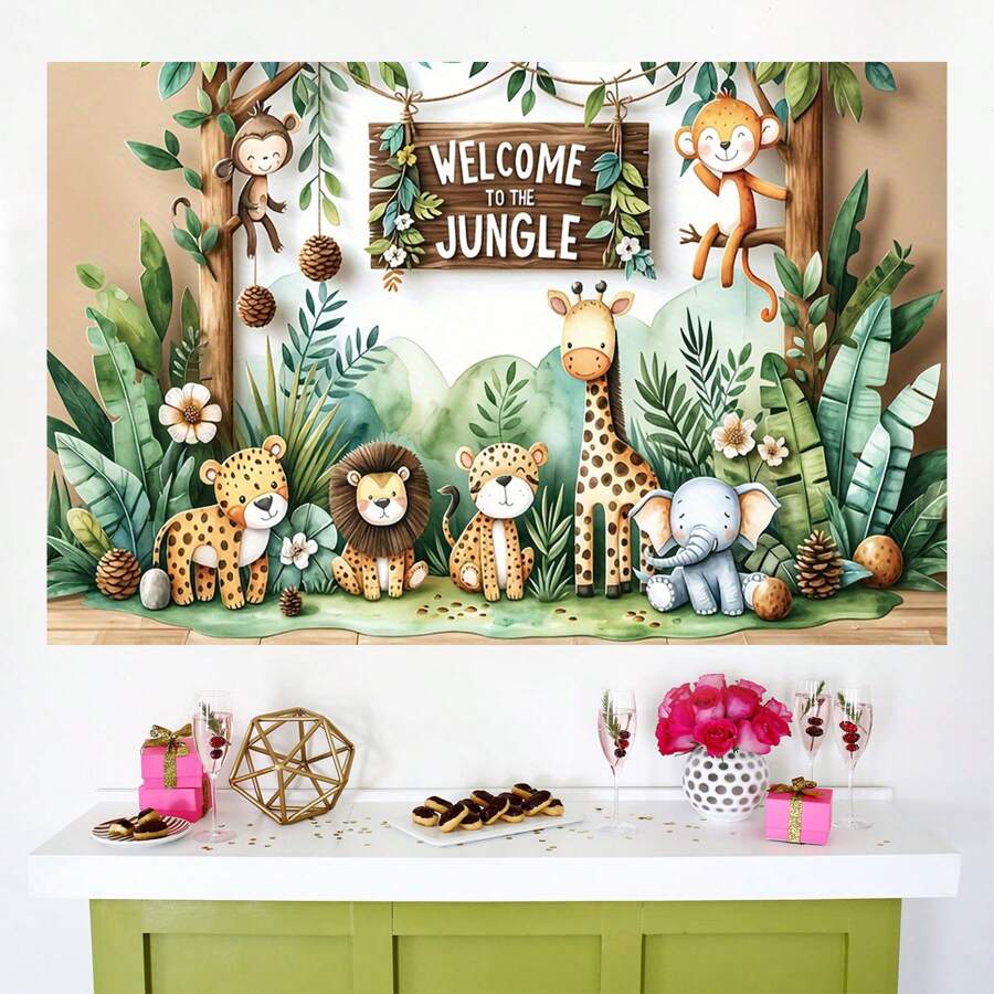 1 件丛林主题派对装饰背景,210 * 150/150 * 100/100 * 75 厘米,丛林动物动物园主题生日派对背景横幅,适用于照相亭、家庭派对和摄影工作室装饰,非常适合客厅、卧室、视频直播和派对用品、圣诞节 - 彩色 - 查看 1