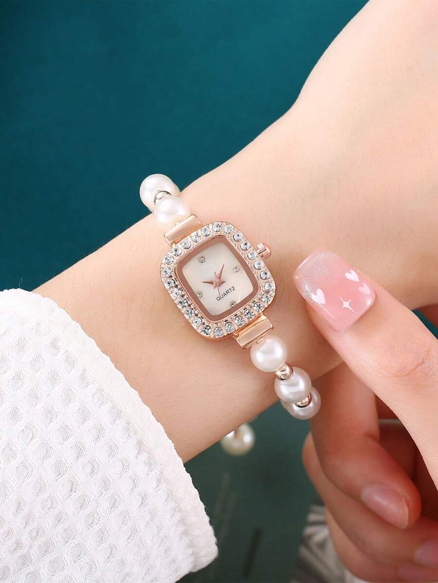 1 Đồng hồ nữ thời trang Ngọc trai kim cương Đồng hồ nữ dây rút Vòng tay Đồng hồ đeo tay - trắng - Xem 1