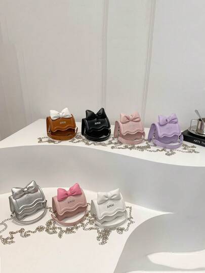 1 pieza Lindo bolso cruzado de piel sintética con nudo de cinta y cadena mini para niñas, adecuado para uso diario