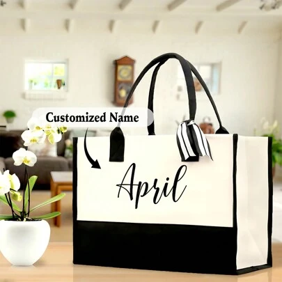 Personalized Custom Name Canvas Beach Tote Initial Tote Bag Bridesmaid Gift Tote Bag Custom Beach Bag Gift For Her A-Z-Black Letter Portable,Multifunction,Versatile,Lightweight,Functional,Practical Fashion,Contracted,Vacay Vibes/Vacation,Minimalist,Basics,Leisure,Commuting,Business Casual Custom,Unique,Customized Finds,Winter Fashion,Christmas/Holiday Gift,Personalized Gifts For Women,Travel Bag,Clutch Bag/Handbag,Shoulder Tote Bag,Tote Bag Large Ideal Gifts For Her Friends,Women, Rookies & White-Collar Workers For Anniversaries,For Christmas,For Fall/Autumn,For Holiday/ Vacation,For Outdoors/Outings/Travel/Hiking/Stadium/Sports/Climbing,For School,For Business/Commute/Work/Office,Customized Women Shoulder Bags,Street Casual Chic