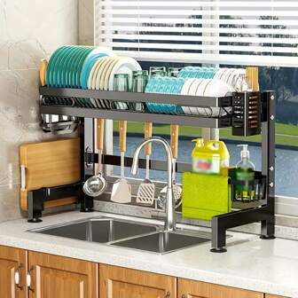 1pc Double-layer Kitchen Sink Storage Rack, Kitchen Dish Rack, Kitchen Storage Rack, Painted Carbon Steel Material, Beautiful And Elegant Kitchen Utensil Storage Holder, Kitchen Accessories