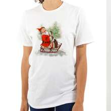 Cute Christmas Womens Graphic Tee Shirt Festive Vintage Xmas Winter Holiday Santa Claus Snow Sledding Ladies Casual Fashion Cotton Printed Short Sleeve Crewneck Tshirt Brisco Brands - White - View 1