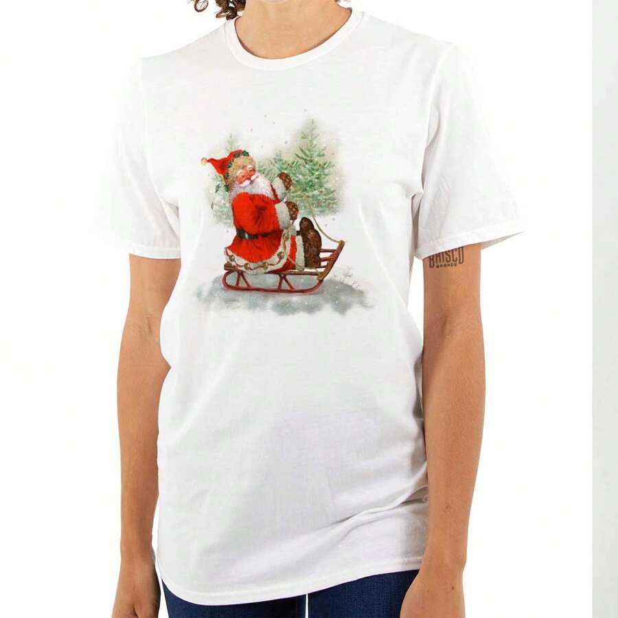 Cute Christmas Womens Graphic Tee Shirt Festive Vintage Xmas Winter Holiday Santa Claus Snow Sledding Ladies Casual Fashion Cotton Printed Short Sleeve Crewneck Tshirt Brisco Brands - White - View 1