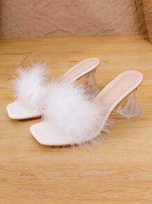 Women's Summer Elegant Feathered Party Wedding PVC Clear Toe Slip-On Thick Heel White Crystal High Heel Sandals