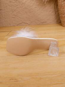 Women's Summer Elegant Feathered Party Wedding PVC Clear Toe Slip-On Thick Heel White Crystal High Heel Sandals