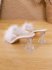 Women's Summer Elegant Feathered Party Wedding PVC Clear Toe Slip-On Thick Heel White Crystal High Heel Sandals