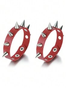 2pcs/Set Spiked Bracelet Black Pu Leather Punk Rock Bracelet Bangle Metal Wristband For Men Goth Accessories - Black - View 5