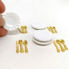 Conjunto de 16 piezas de utensilios de cocina en miniatura para decoración, que incluye Mini platos y cubiertos de estilo occidental - Plateado - Ver 2