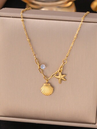 1pc Fashionable Summer Stainless Steel Chain, Shell & Starfish Cubic Zirconia Pendant Necklace, Suitable For Women Beach Wear, Jewelry Accessory Gift, USA(Excluding Gift Box)