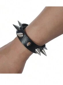 2pcs/Set Spiked Bracelet Black Pu Leather Punk Rock Bracelet Bangle Metal Wristband For Men Goth Accessories - Black - View 2