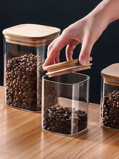 1PC Square Glass Jar With Bamboo Cover For Spices Glass Kitchen Container Glass Jars With Lids Jar Kitchen Jars And Lids