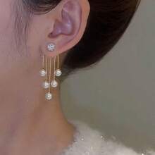 1PC 女士高档珍珠流苏耳环双耳环优雅轻奢耳环 2024 新款女士、情人节礼物、新年礼物、生日礼物、日常首饰、婚礼、试戴各种派对活动 - 金色 - 查看 3