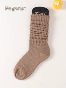 1pair Women's Spring/Summer Korean Style Versatile Pile Socks College Style Lolita Simple Sports Socks Solid Color Over Knee Tube Socks (Sock Board Not Included) - Brown - View 1