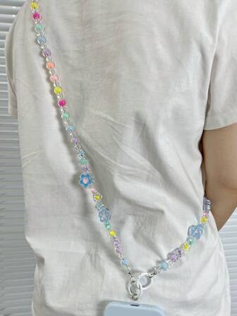 1 件手工亚克力树脂可拆卸单肩斜挎手机壳，配彩色 3D 花朵串珠肩带，适合送给母亲、家人、朋友、生日、节日的礼物，手机挂饰，手机链