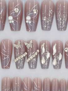 24 件棺材形长假指甲，含 1 个指甲锉和 1 个果冻胶，按压式指甲，美甲用品，指甲 - 彩色 - 查看 3