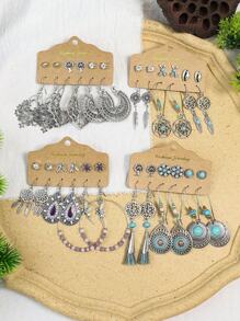 TopHanqi Set de 24 pares de aretes de moda bohemios vintage para mujer, que incluye aretes de botón, atrapasueños, de strass, borlas y aros grandes, accesorios personalizados, artículos populares para uso diario, fotos casuales, fiestas, citas y el trabajo
