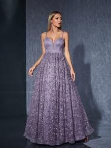 V-Neck Embroidered Lace Dress With Flowy Hemline - Purple - View 1