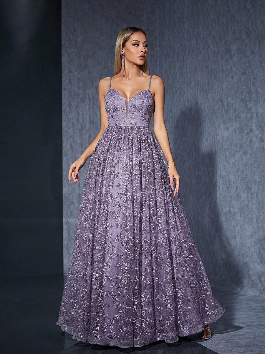 V-Neck Embroidered Lace Dress With Flowy Hemline - Purple - View 1