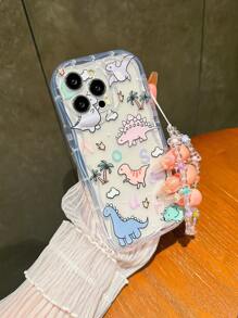 1 pieza Funda de teléfono con correa de mano de dinosaurio de estilo zoológico transparente de TPU, creativa, a prueba de caídas, protectora, compatible con iPhone, con protección de lente, resistente al agua, a los golpes y a los arañazos - transparente - Ver 2