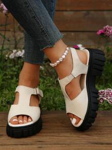 Women's Fashionable Wedge Heel Thick-Soled Casual Peep-Toe Sandals With Hook And Loop