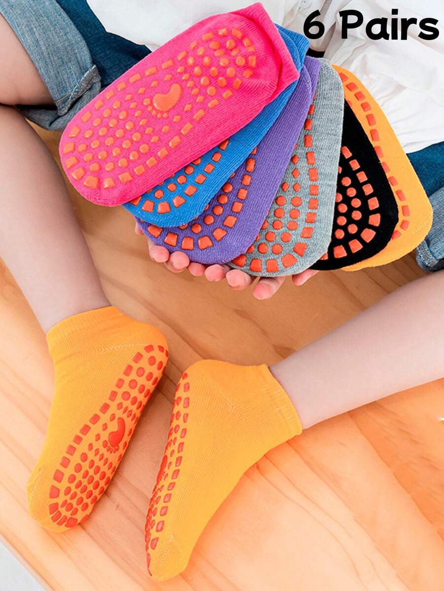 6 pares de calcetines cortos de piso para niños de unicolor, calcetines casuales antideslizantes para estudiantes - Multicolor - Ver 1