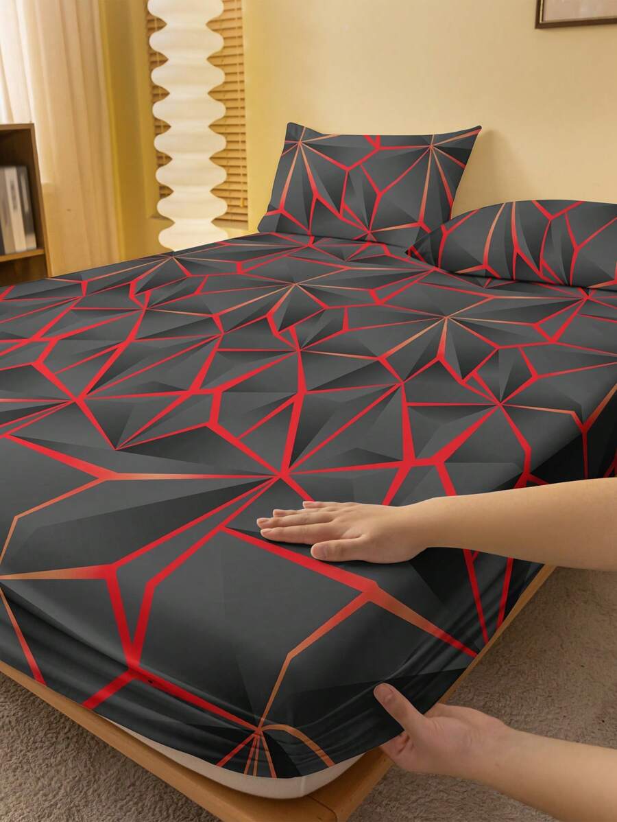 1pc  Cylinder Red Pattern Printed Brushed Fitted Sheet, Printed Bed Cover For Bedroom, Bedding (Pillowcase Not Included) - Multicolor - View 1