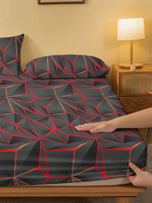 1pc  Cylinder Red Pattern Printed Brushed Fitted Sheet, Printed Bed Cover For Bedroom, Bedding (Pillowcase Not Included) - Multicolor - View 4