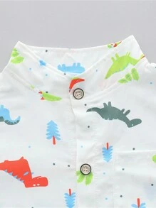 男寶寶夏季恐龍印花襯衫短褲套裝，配立領 - 白色 - 查看 3