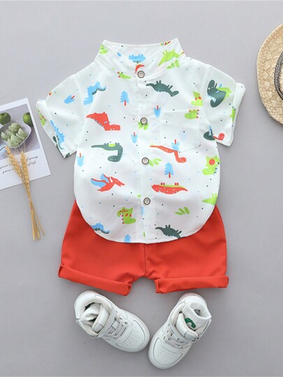 Conjunto de Camisa e Shorts de Verão com Estampa de Dinossauro para Bebê Menino com Gola Levantada