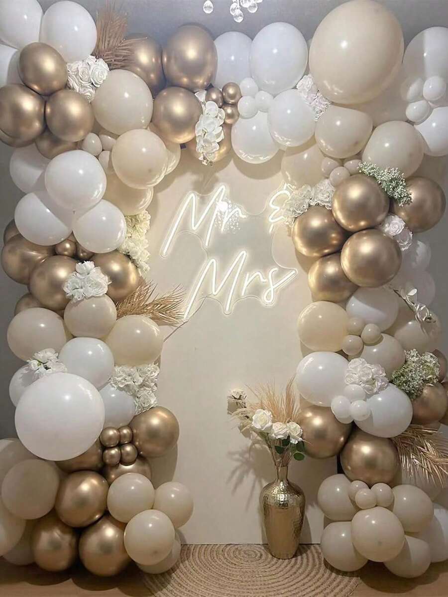 139pcs White Sand Gold Balloon Garland Arch Kit Beige Nude White With Metallic Chrome Gold Latex Balloons For Wedding Bridal Shower Engagement Party Decorations Birthday Shower Supplies,