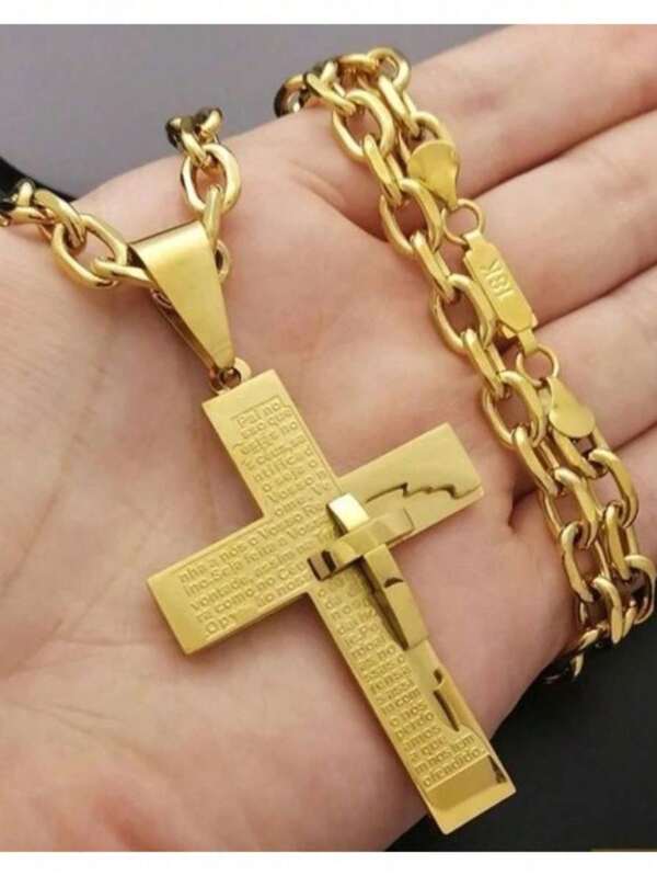 Corrente Cordão Masculino aco inox Banhado ouro 18k Cruz 3 D