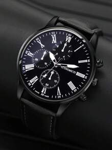 3 件装男士商务皮革石英手表和钱包笔套装父亲节礼物作为返校学生的礼物 - 黑色 - 查看 2