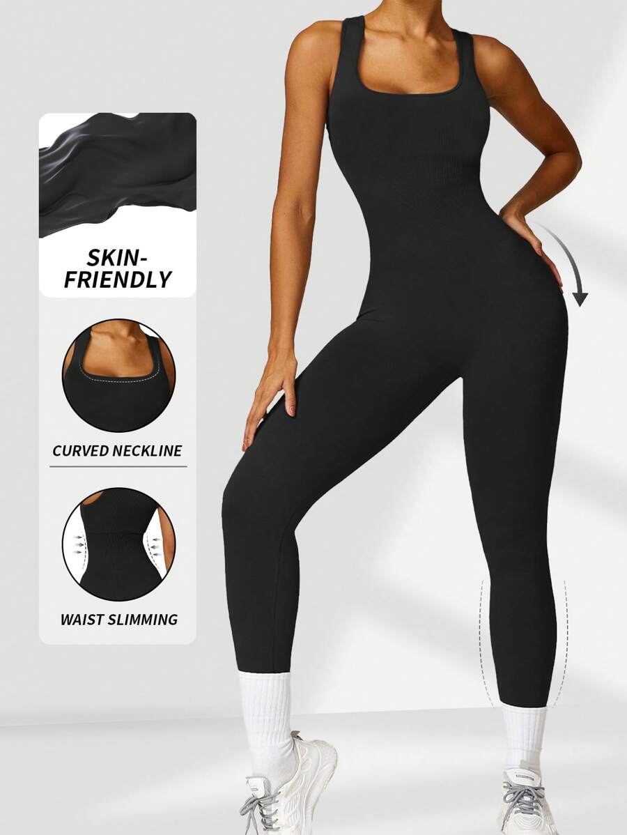 Yefecy Yoga Jumpsuits For Woman Spaghetti Seamless One Piece Ribbed Tank Top Rompers Sleeveless Bodycon Sports Workout Gym Bodysuit Shapewear Bodysuit - Black - View 1