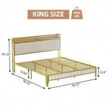 WhizMax Full/Queen/King Size Bed Frame With Charging Station, LED Bed Frame With Storage Headboard, Upholstered Platform Bed Frame, No Box Spring Needed, Easy Assembly(Gray/Gold/Black)